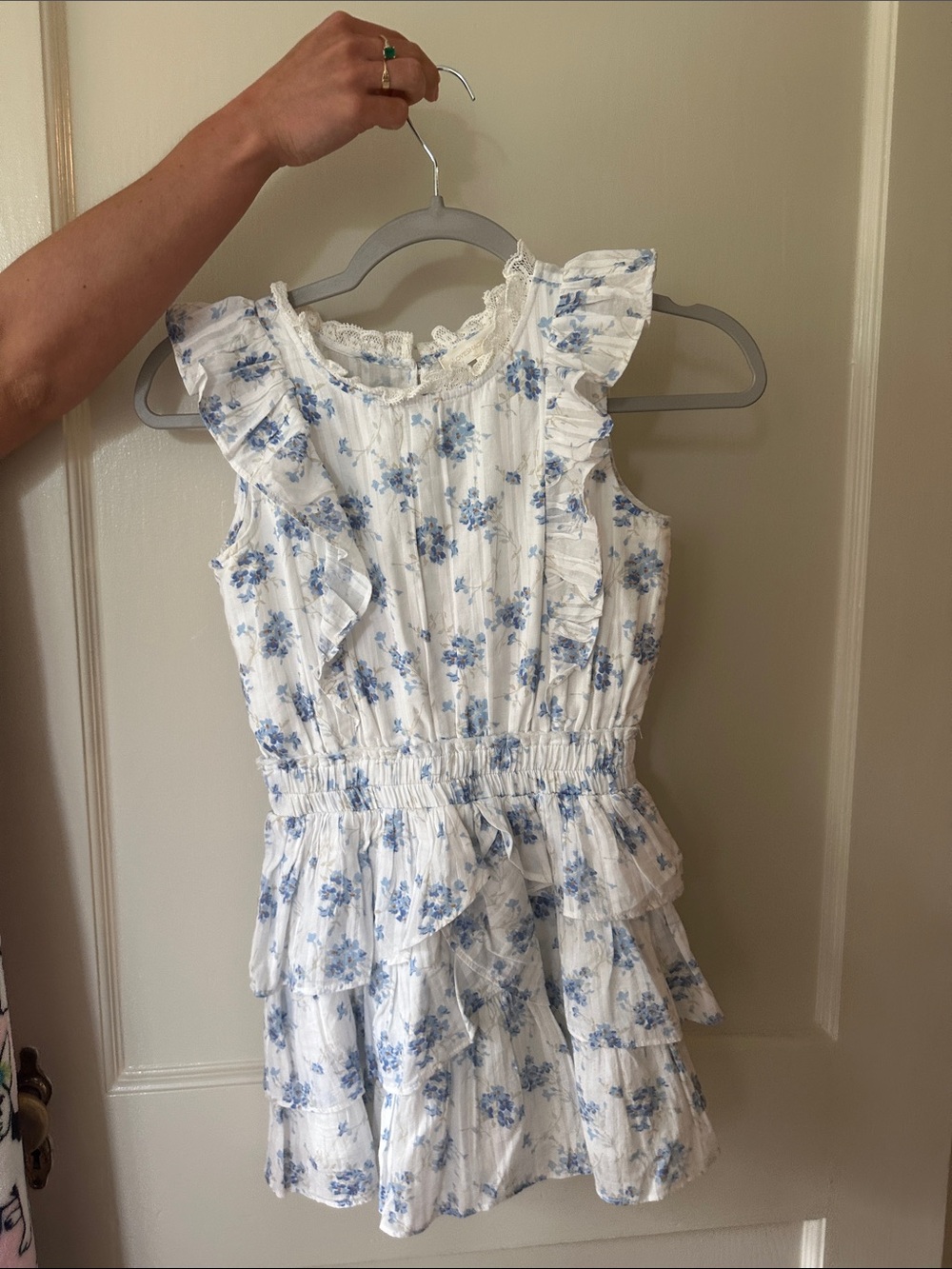LoveShackFancy White Dress with Blue Floral Ruffles